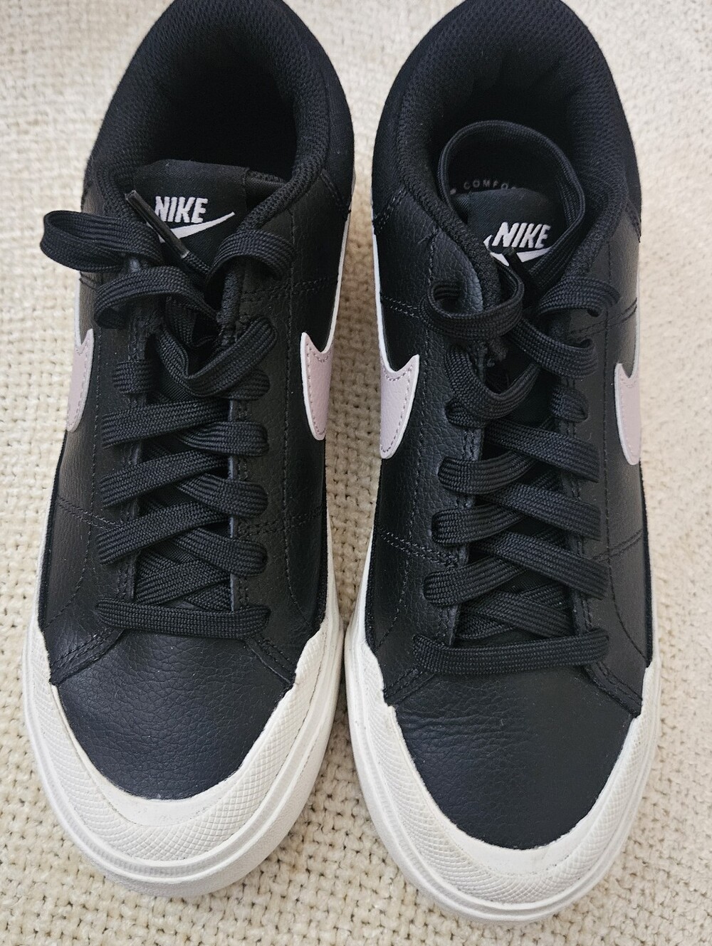 Nike Women's Black Leather Sneakers with Lilac Swoosh